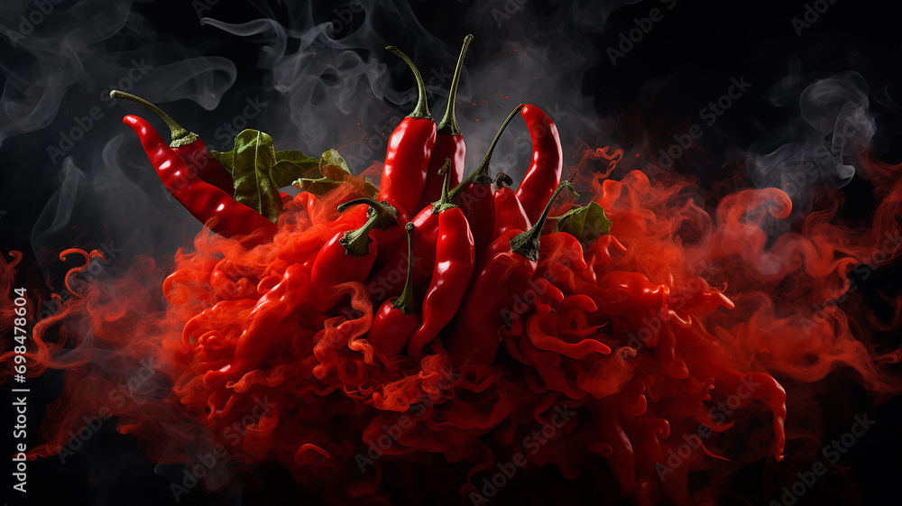 fresh hot red chili pepper on a black background, fiery hot seasoning - obrazy, fototapety, plakaty 