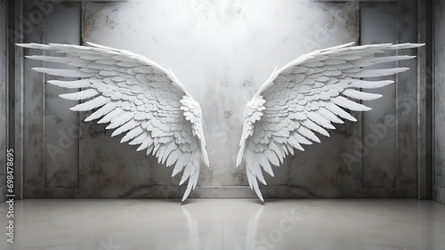 huge angel wings on a white wall background art object to insert design