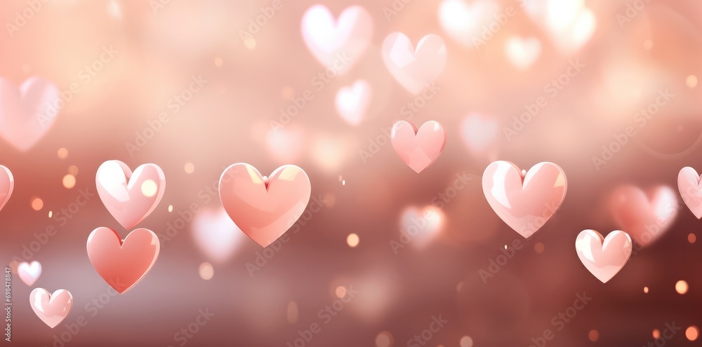A blush pink blurry background with many white hearts