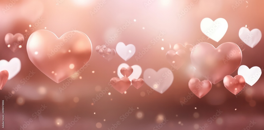 A blush pink blurry background with many white hearts
