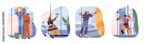 Cleaning service workers wash, clean windows inside and outside set. Industrial alpinist, suspended cleaner work on height. Housekeeping employee. Flat isolated vector illustration on white background