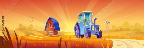 Cartoon autumn farm landscape with red wooden barn, blue tractor on road in field on sunset or sunrise. Rural fall agriculture scenery with yellow and orange sky. Ranch with house and transportation.