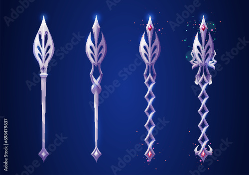 Fantasy scepter made of metal for game level rank ui design. Cartoon vector illustration set of decor evolution of wizard and magician fantastic weapon. Sorcerer enchantment stuff for rpg asset.