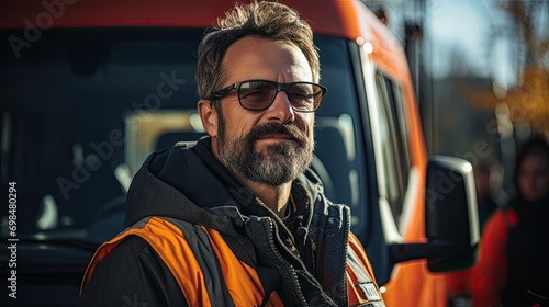 Portrait of a bearded man in sunglasses on the background of an orange truck.