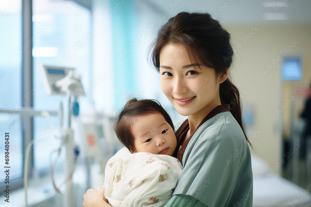Happy Japanese Woman with Newborn Happy Japanese Woman with Newborn