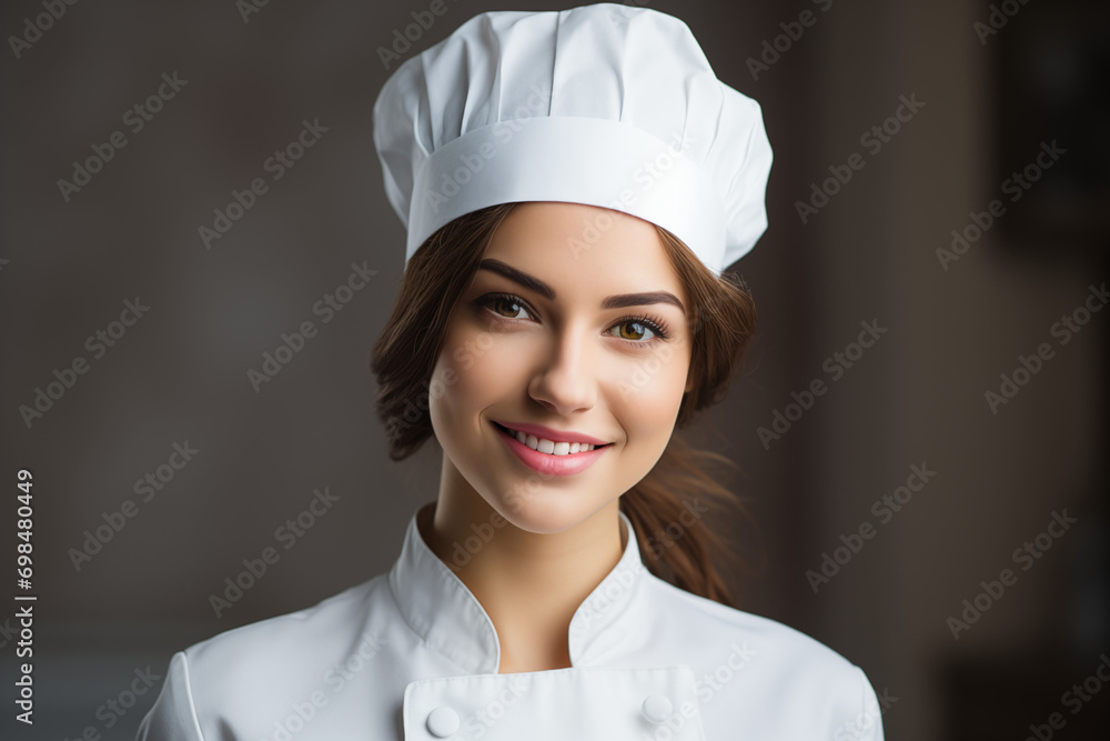 Happy Woman Chef in a White Uniform and Hat Happy Woman Chef in a White Uniform and Hat