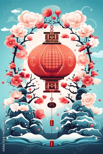 Chinese New Year Background with Sakura Tree and lantern
