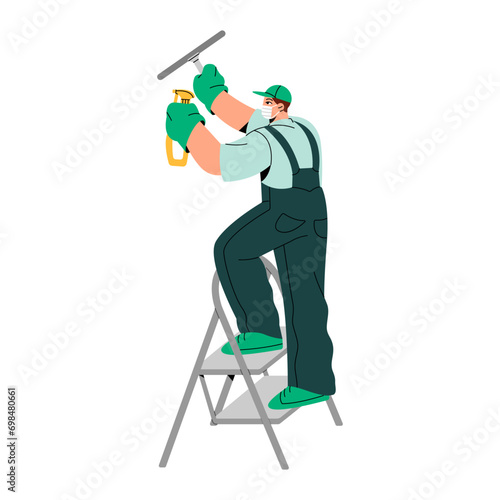 Professional cleaner with detergent, scraper washing window. Man on ladder makes cleanup, housework. People work in housekeeping business. Cleaning service. Flat isolated vector illustration on white