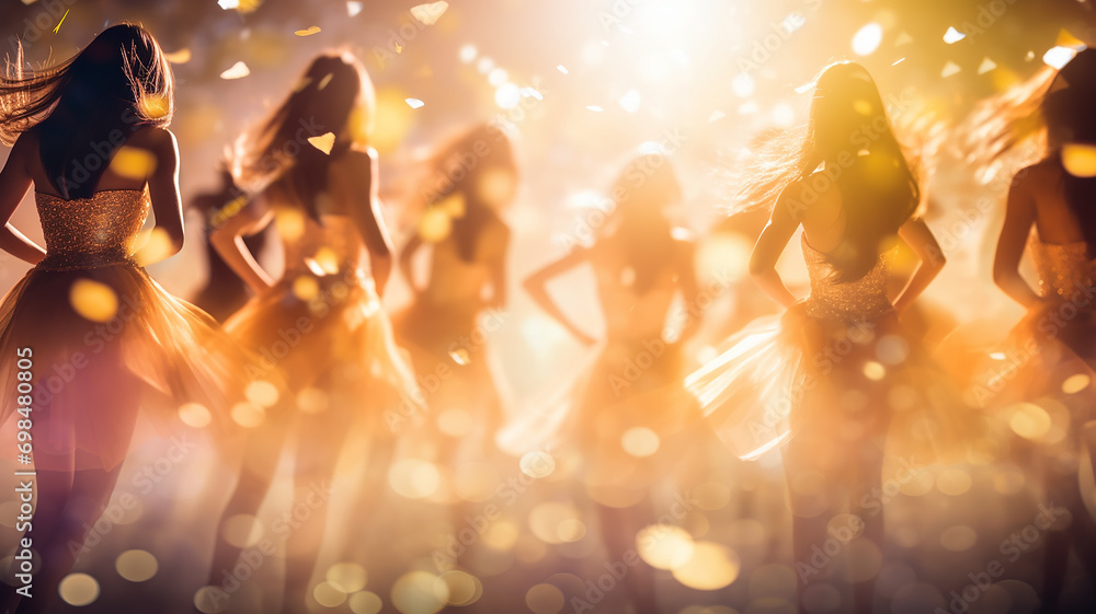 summer disco dancing girls in a nightclub, holiday blurred background in motion, rays of light and confetti abstract background music and dancing orange and yellow