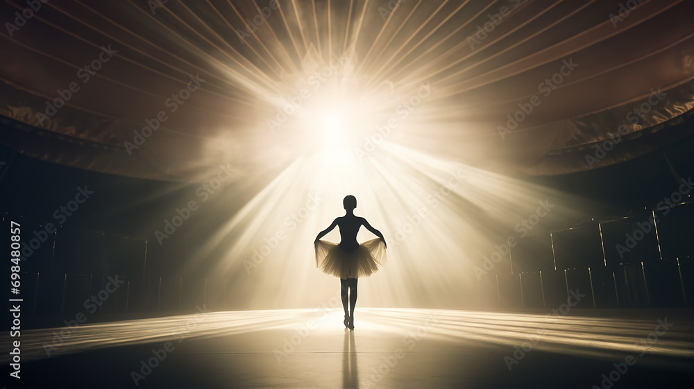 the silhouette of a ballerina on stage in a contoured theatrical lighting - obrazy, fototapety, plakaty 