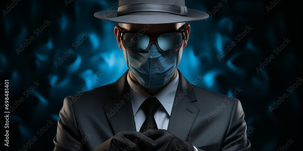 Business Mann mit Anzug und Hut anonym in Maske im Querformat für Banner, ai generativ - obrazy, fototapety, plakaty 