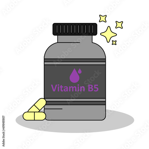 A bottle of vitamin B5 supplement , capsule and pills for nutrition, flat design vector and illustration