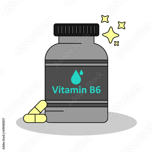 A bottle of vitamin B6 supplement , capsule and pills for nutrition, flat design vector and illustration