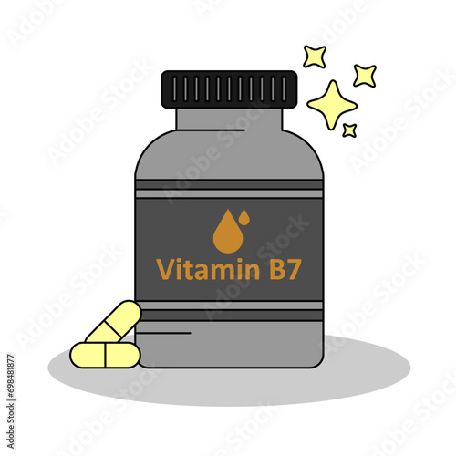 A bottle of vitamin B 7 supplement , capsule and pills for nutrition, flat design vector and illustration