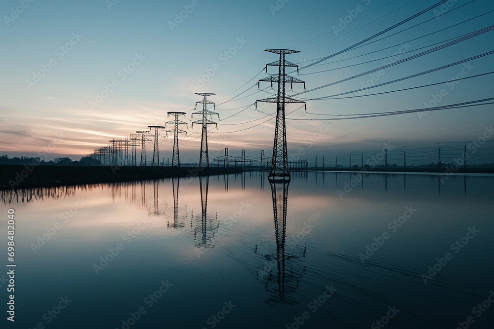 minimalistic photo capturing clean energy sources reflected in water, emphasizing the beauty of eco-friendly power generation