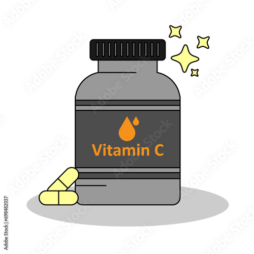 A bottle of vitamin C supplement , capsule and pills for nutrition, flat design vector and illustration