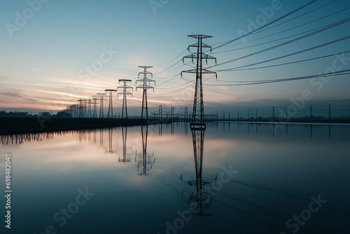 minimalistic photo capturing clean energy sources reflected in water, emphasizing the beauty of eco-friendly power generation