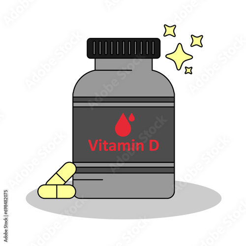 A bottle of vitamin D supplement , capsule and pills for nutrition, flat design vector and illustration