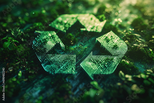 digital-inspired photo featuring the recycle symbol designed with pixels, showcasing a modern and technological approach to eco-friendly practices in a minimalistic photo