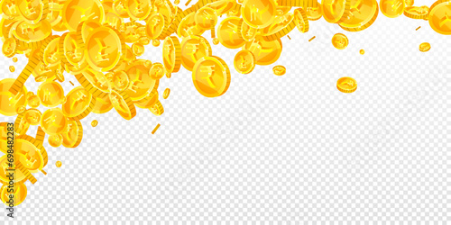 Indian rupee coins falling. Scattered gold INR