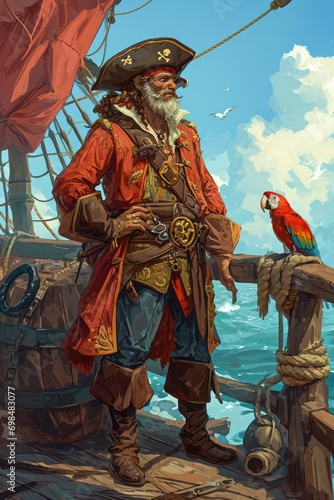 A cartoon pirate captain, tricorn hat, and a parrot, standing on a ship deck