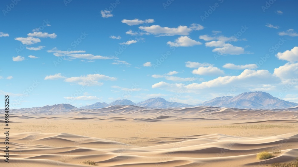 a painting of a desert landscape with mountains in the distance and a blue sky with clouds in the foreground. a painting of a desert landscape with mountains in the distance and a blue sky with clouds in the foreground.