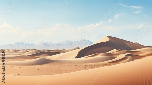  a painting of a desert with sand dunes and mountains in the distance with a blue sky in the foreground.