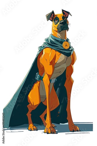 A cartoon superhero dog with a cape, muscular build, and a heroic stance, ready to save the day