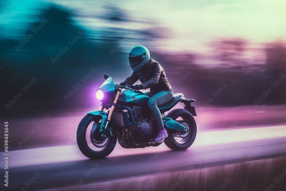 Person riding blue & purple motorcycle on smoky road with blurry background. Generative AI