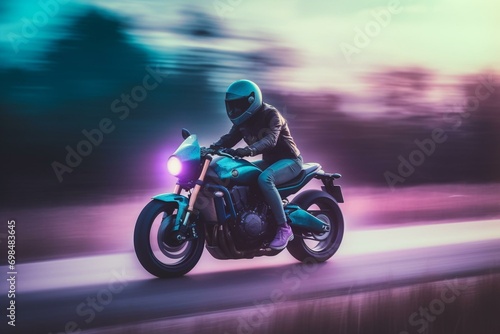 Person riding blue  amp  purple motorcycle on smoky road with blurry background. Generative AI