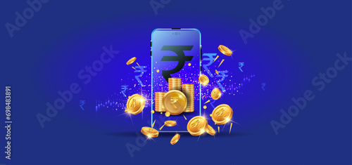 Digital money indian Rupee, online payment, mobile banking Indian budget growth and stock market background.