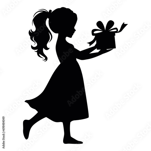 Silhouette of a little girl in a dress with a gift box in her hands. Icon, template, sticker, stencil. Holiday silhouette for print and web design.      