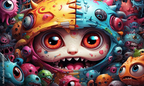 Dark evil hip hop style, bright graffiti covers strange monsters with childlike doll-like features and big, scary chibi eyes