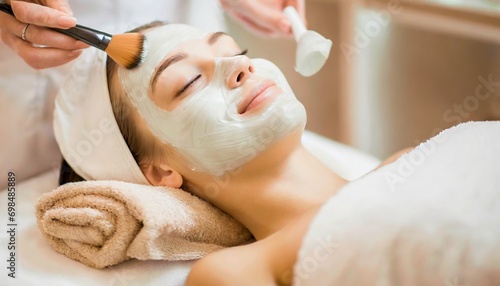 Woman receiving a Facial Clay Mask in Wellness Resort or Spa - Relaxation and Skin Care done by Beautician photo