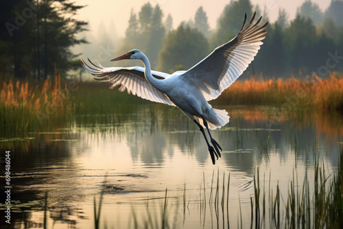 A Siberian Crane in flight, gliding above a vast wetland with reflective waters