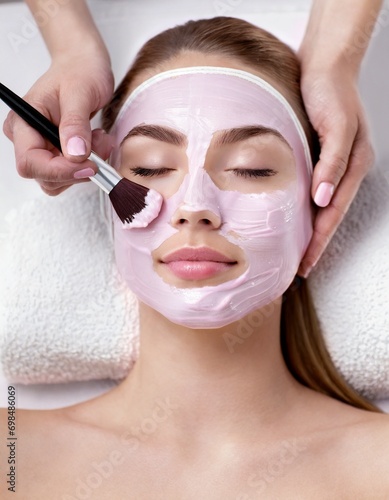 Woman receiving a Facial Clay Mask in Wellness Resort or Spa - Relaxation and Skin Care done by Beautician photo