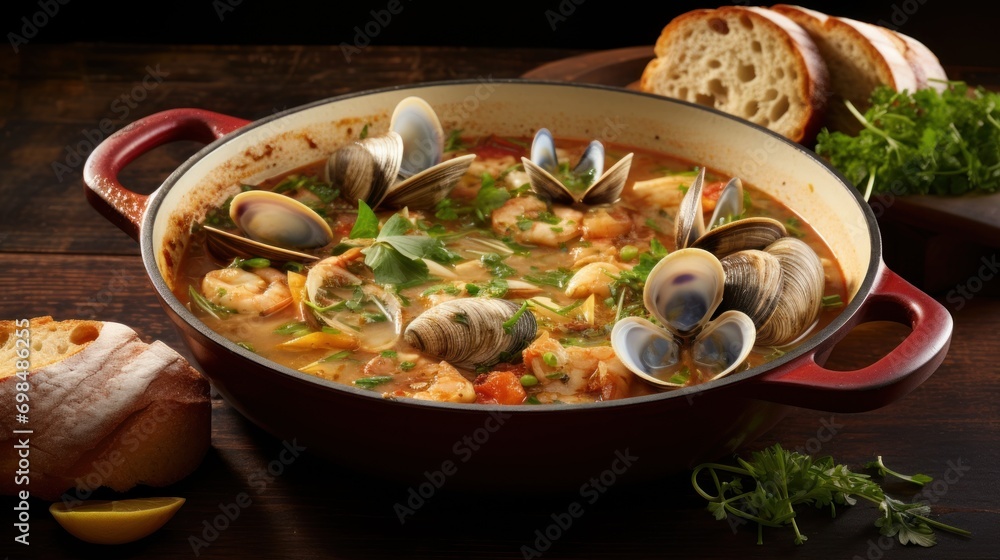 a red pot filled with clams and bread on top of a wooden table next to a loaf of bread. a red pot filled with clams and bread on top of a wooden table next to a loaf of bread.