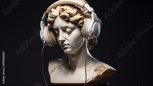 classical music concept, the head of an abstract fictional ancient female statue in modern music headphones, listening to music. photo