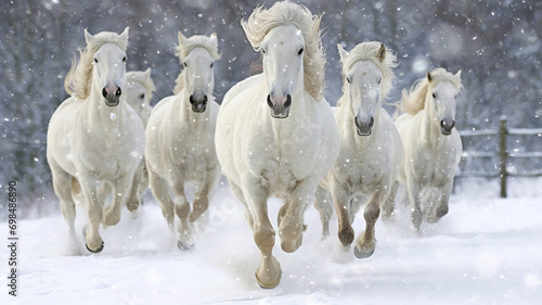 herd of horses is rapidly running in winter in active poses on fluffy snow, motion in nature photo