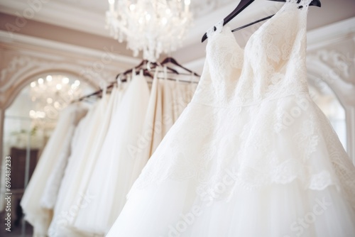 A lot of wedding dresses are hanging on hangers in the salon