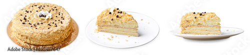 Delicious Napoleon Cake, Delicate Handmade Dessert with Custard and Puff Pastry Layers on White Background