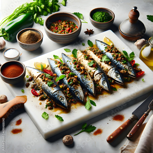 Moroccan Stuffed Sardines with Charmoula on Marble Counter photo