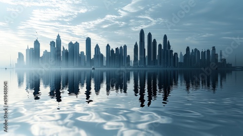 The silhouette of a city with skyscrapers reflected in the water in the form of a sound equalizer. Megapolis soundwave. Urban sound. 