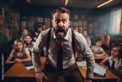 The teacher is furious at the lesson against the background of noisy children photo