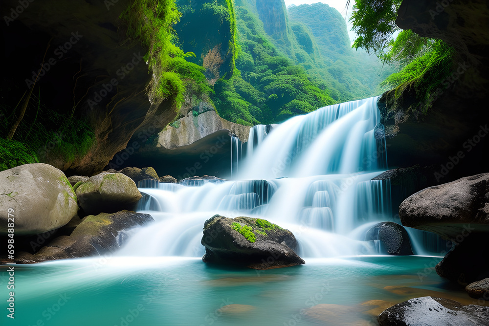Fototapeta premium Beautiful waterfall in deep forest, Huay Mae Kamin Waterfall, Kanchanaburi, Thailand. 
