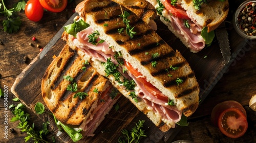 Top view of a panini with ham, cheese, tomato, and herbs