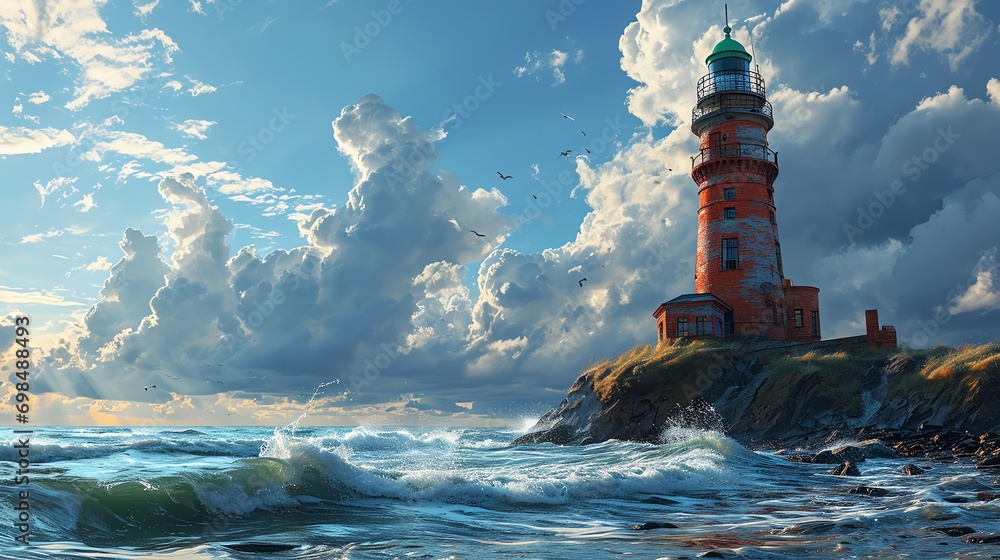 a striking scene of a lighthouse on the coast, with the sea appearing rough and turbulent waves crashing against the rocks. Above the scene is a dramatic sky filled with billowing clouds. - obrazy, fototapety, plakaty 