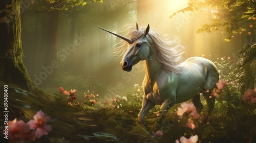  a white unicorn standing in the middle of a forest with pink flowers on the ground and trees in the background.
