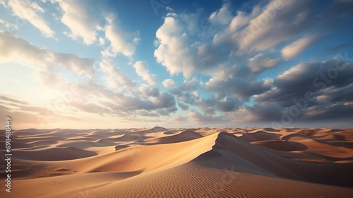  a large group of sand dunes under a blue sky with a few clouds in the middle of the picture and the sun shining through the clouds in the middle of the middle of the picture.