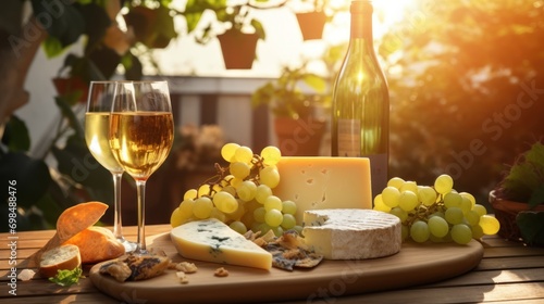  a wooden table topped with a wine glass and a plate of cheese and crackers next to a bottle of wine.